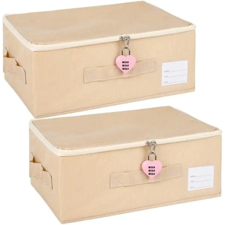 2-pack Discreet  Storage Box with Lock  Bag Fabric lockable storage bin with Handles, foldable, with Zipper lid/handle/label,locking Storage Box for Women and Men (2,  lock, small)