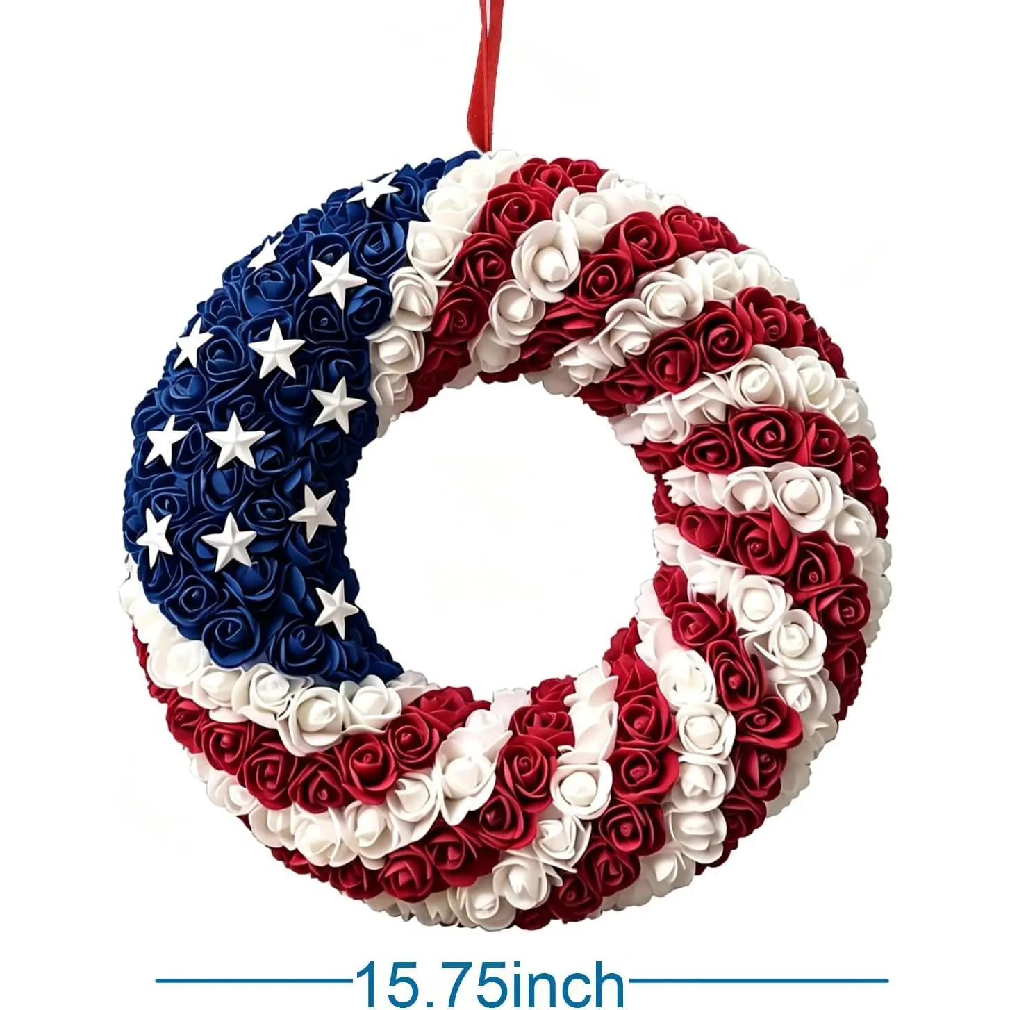 15.75-in Handmade American Silk Patriotic Artificial Wreath - Red White Blue with Metal Stars & Silk Roses, Memorial Day 4th of July Home Decoration, Garlands & Swags Front Door Wall Ornament, Patriotic Wreath, Artificial Wreath Wreaths, Garlands & Swags