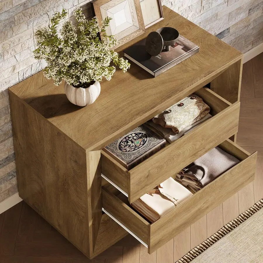 35.43" Wide Nightstand, Oak Large Night Stand With Drawers, Farmhouse Oversized Nightstand Bedside Table, Sofa Side End Table Bedroom, Living Room, Oak