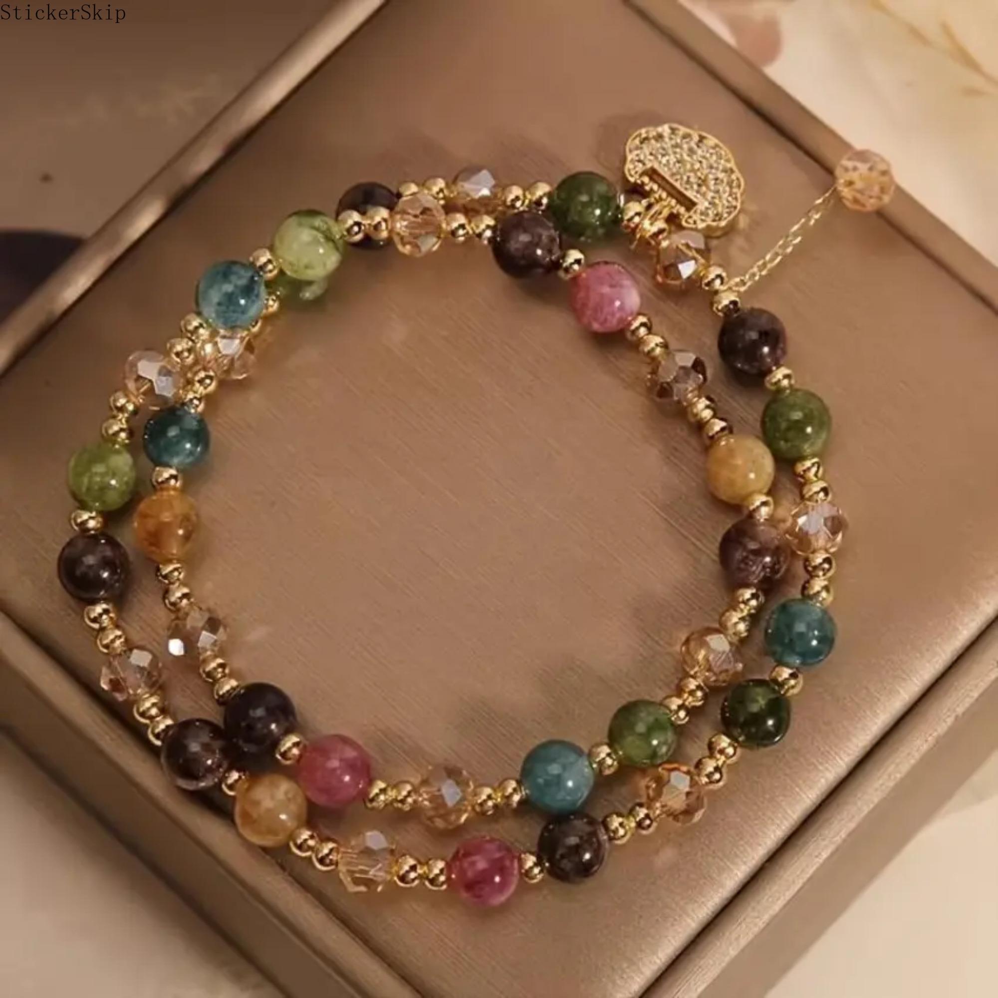 2026 NEW Double Layer Rainbow Tourmaline Round Bead Bracelet, Bohemian Jewelry for Daily Wear, Yoga, Gifting, Featuring Longevity Lock Charm, Color Design