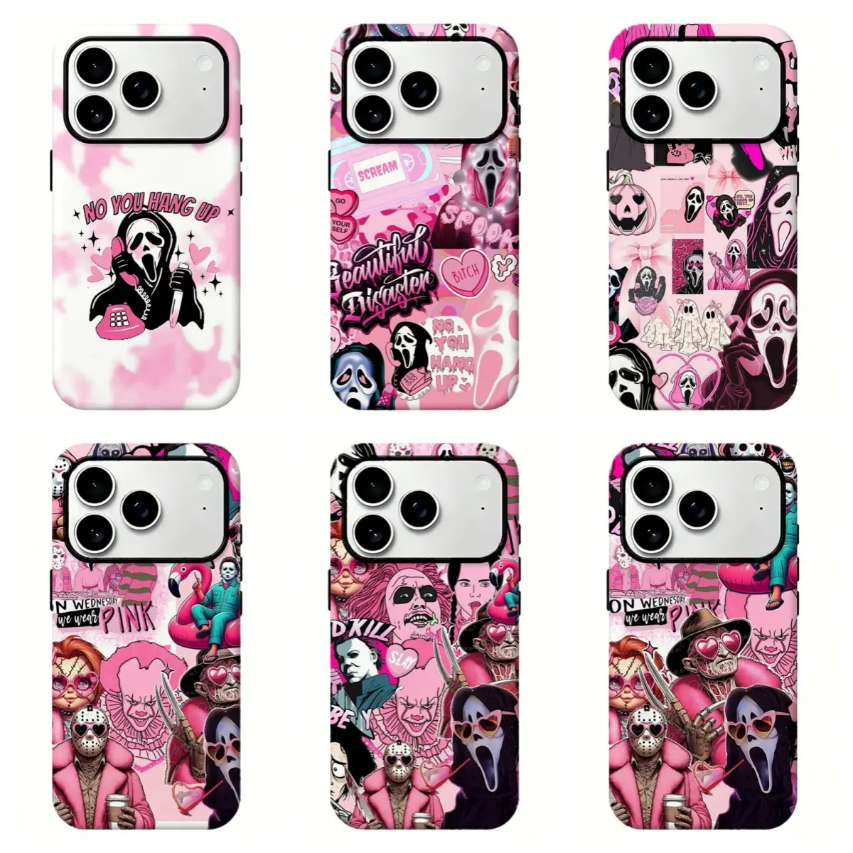 Ghostface Scream Pink Coquette Horror Collage Phone Case|Cute Pink Ghostface Cover For iPhone 17 Pro Max 16 15 14 13 12 11 for Samsung S21 S22 S23 S24 S25 S26 Phone Case|Halloween Gift for her/him/family/friend