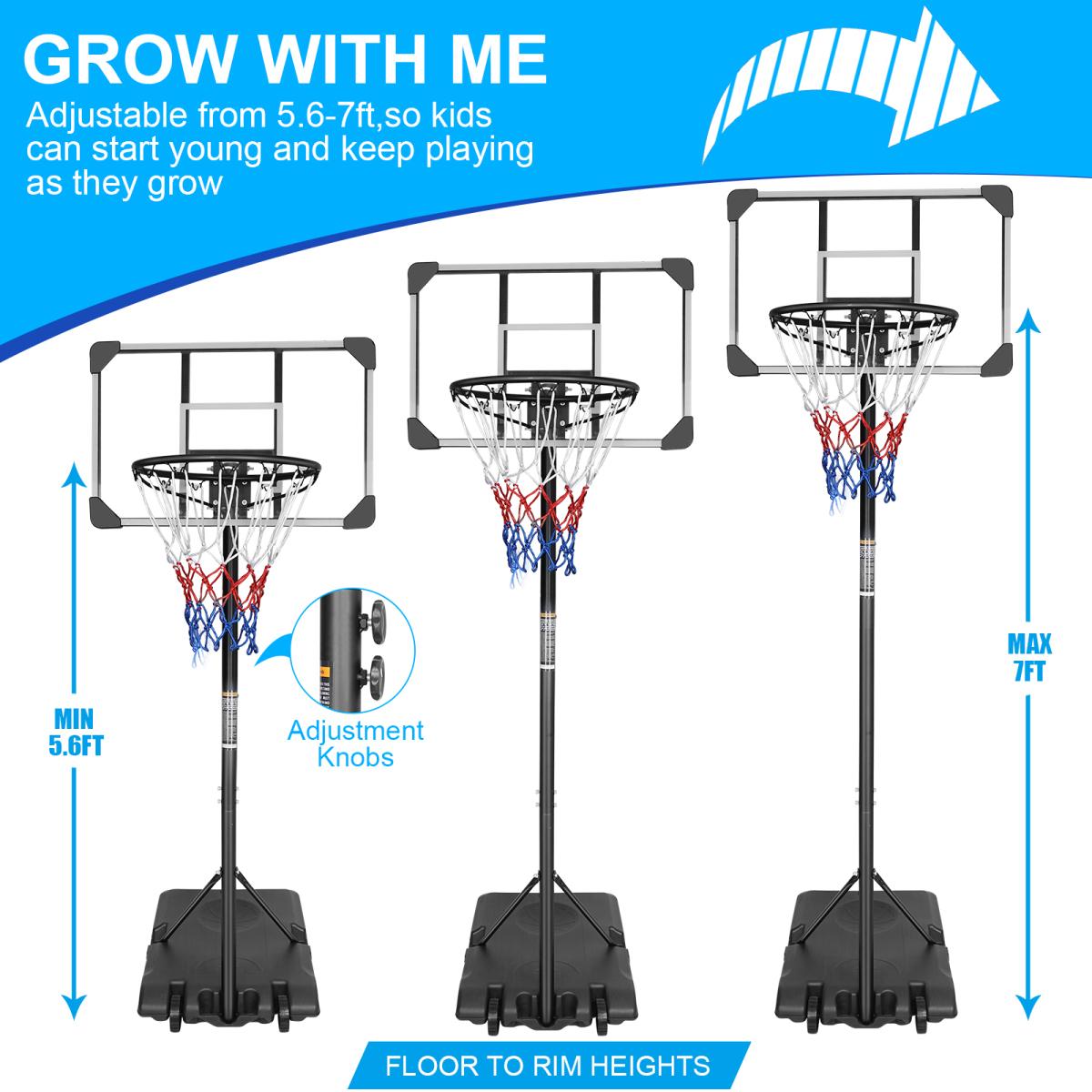 [Fahuac] Portable Basketball Hoop Height Adjustable 5.6-7ft - 28x18in Polycarbonate Backboard, Heavy-Duty Steel Frame, Water/Sand Fillable Base, Indoor Outdoor for Kids.