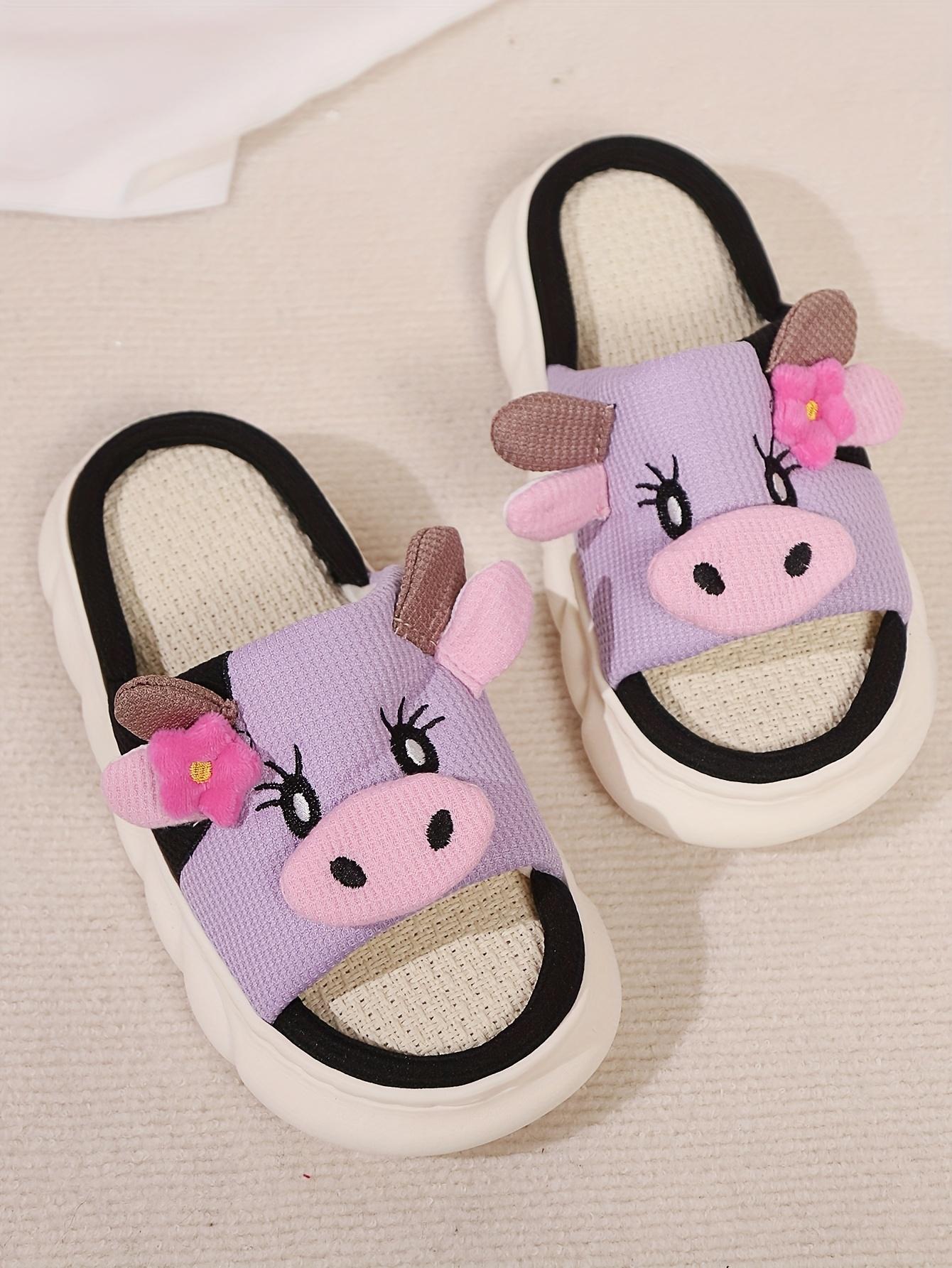 Cute Flower Cow Linen Slippers Indoor Home Use Non-Slip Odor-Resistant Outdoor Thick-Soled SandalsMinimalist Fluffy Home Slippers,Open Toe Bedroom Sandals for Gifts,Casual Soft Pink Bedroom Slippers, Fuzzy Warm Slippers for Women 2025, Walking Shoes