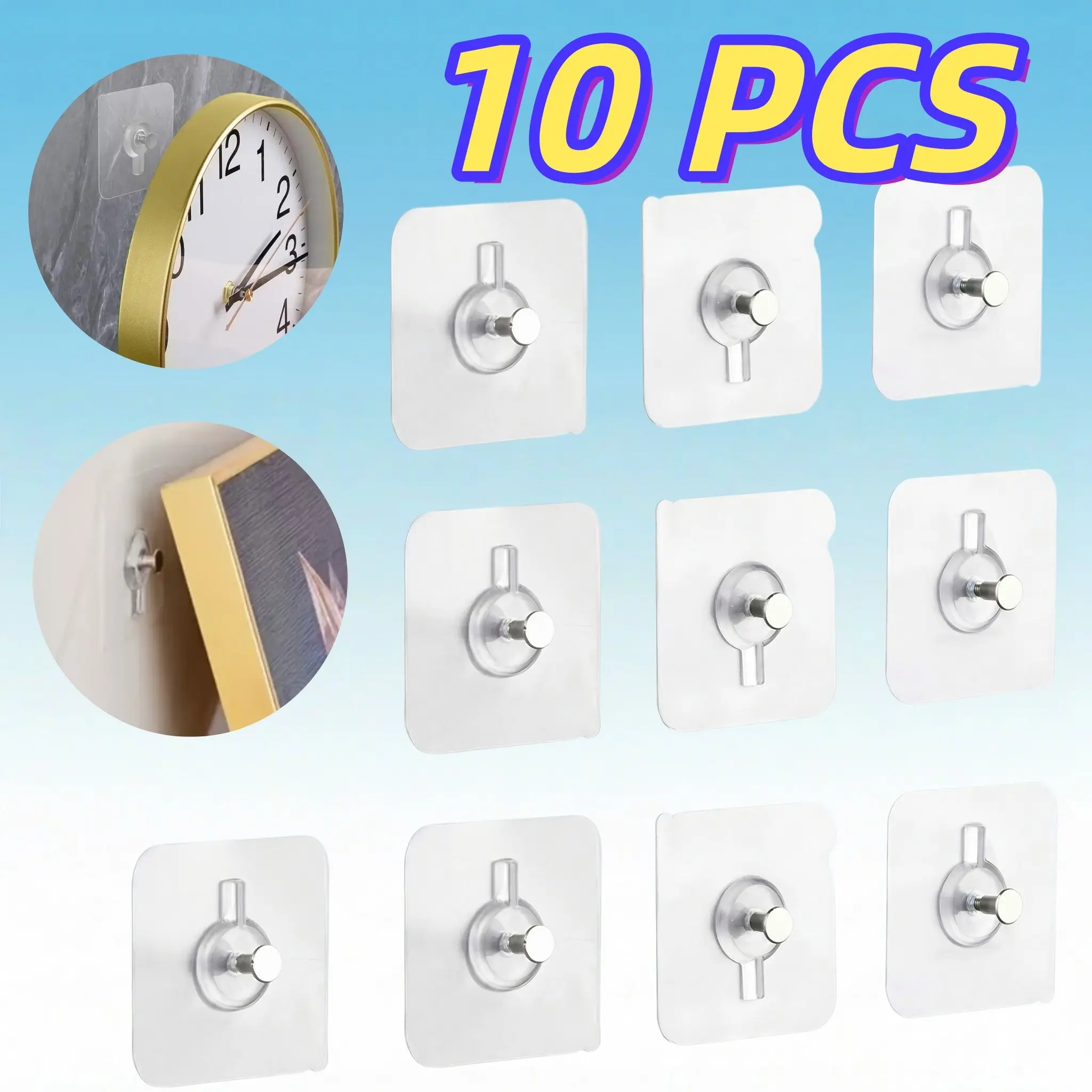 10 Pack No Drill Wall Hooks, Self Adhesive Hanging Hooks for Home Organisation, Ideal for Picture Frames, Decor, Kitchen Tools, Bathroom Accessories and Storage