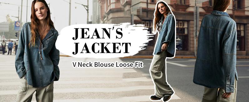 FMEYOA Women's Denim Pullover Casual Button V Neck Blouse Loose Fit Long Sleeve Jean Jacket with Pocket