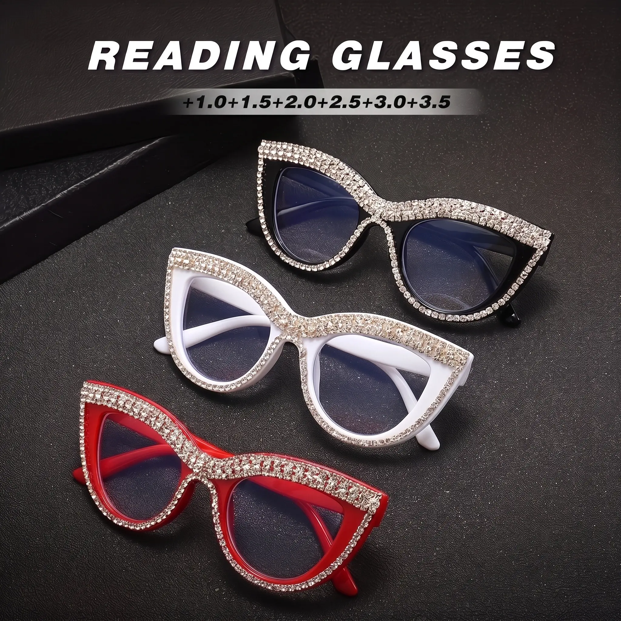 GUGILA 3-Piece Sparkling Rhinestone Reading Eyeglasses Set, Luxury Water Drizzle Decor, Women's Presbyopia Lenses 1.00-4.00, Office & Party Travel