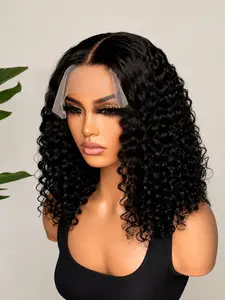 [Jusong KIein] High-density wool perm short bob wig with lace front, no glue, ready to use, deep wavy curls, wet hair wave 6x4 wig, Glueless lace wigs, women's style, high crown to make the face look smaller, natural black center parted curls