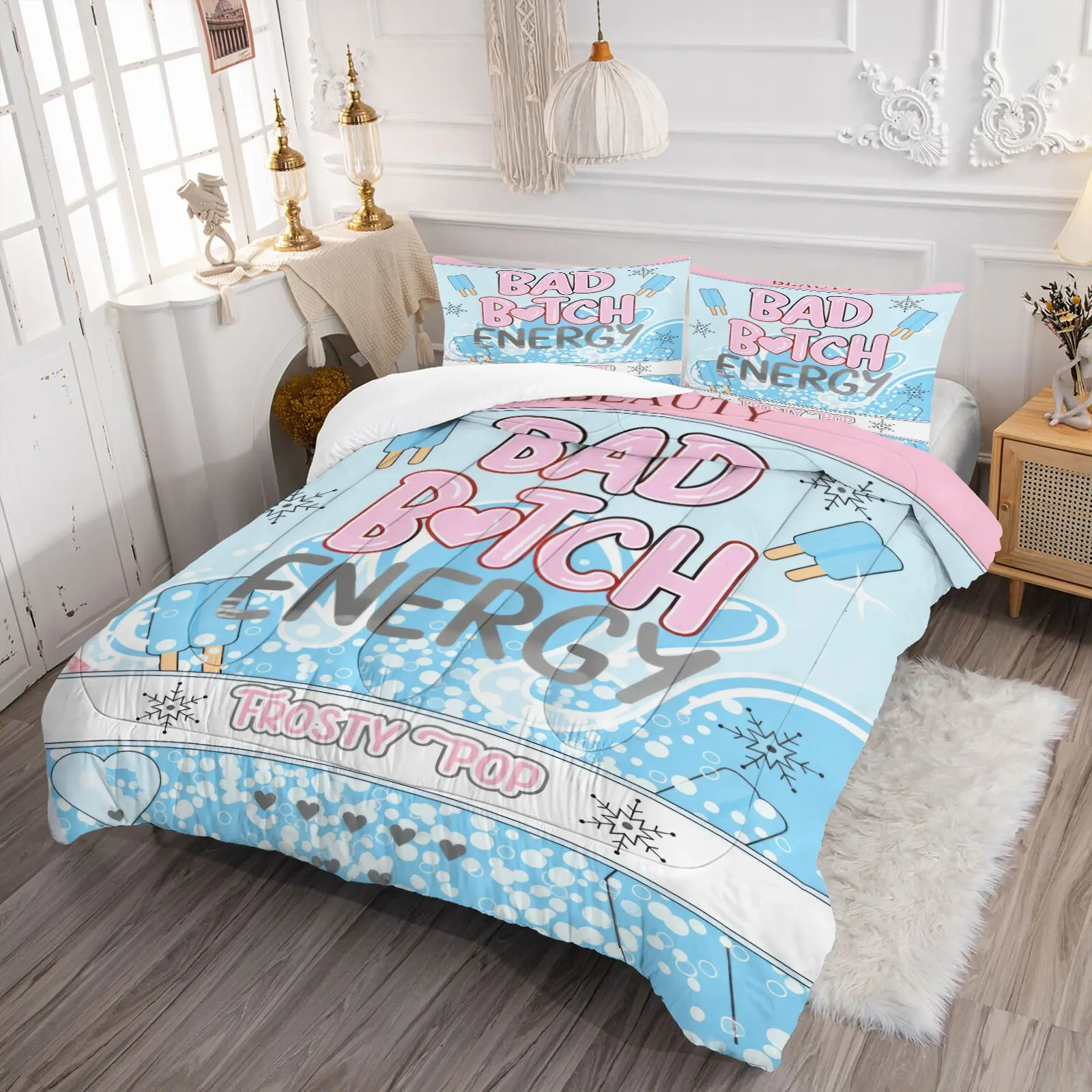 Bad Btch Energy Comforter Set & 1-2 Coreless Pillowcases, Popsicle Snowflake Bubble And Heart Prints, Y2K Sweet Cool Aesthetic Bedding, Soft Breathable, Trendy Gift For Birthday, Festival & Housewarming, Perfect For Hot Girl Style Bedroom Decor