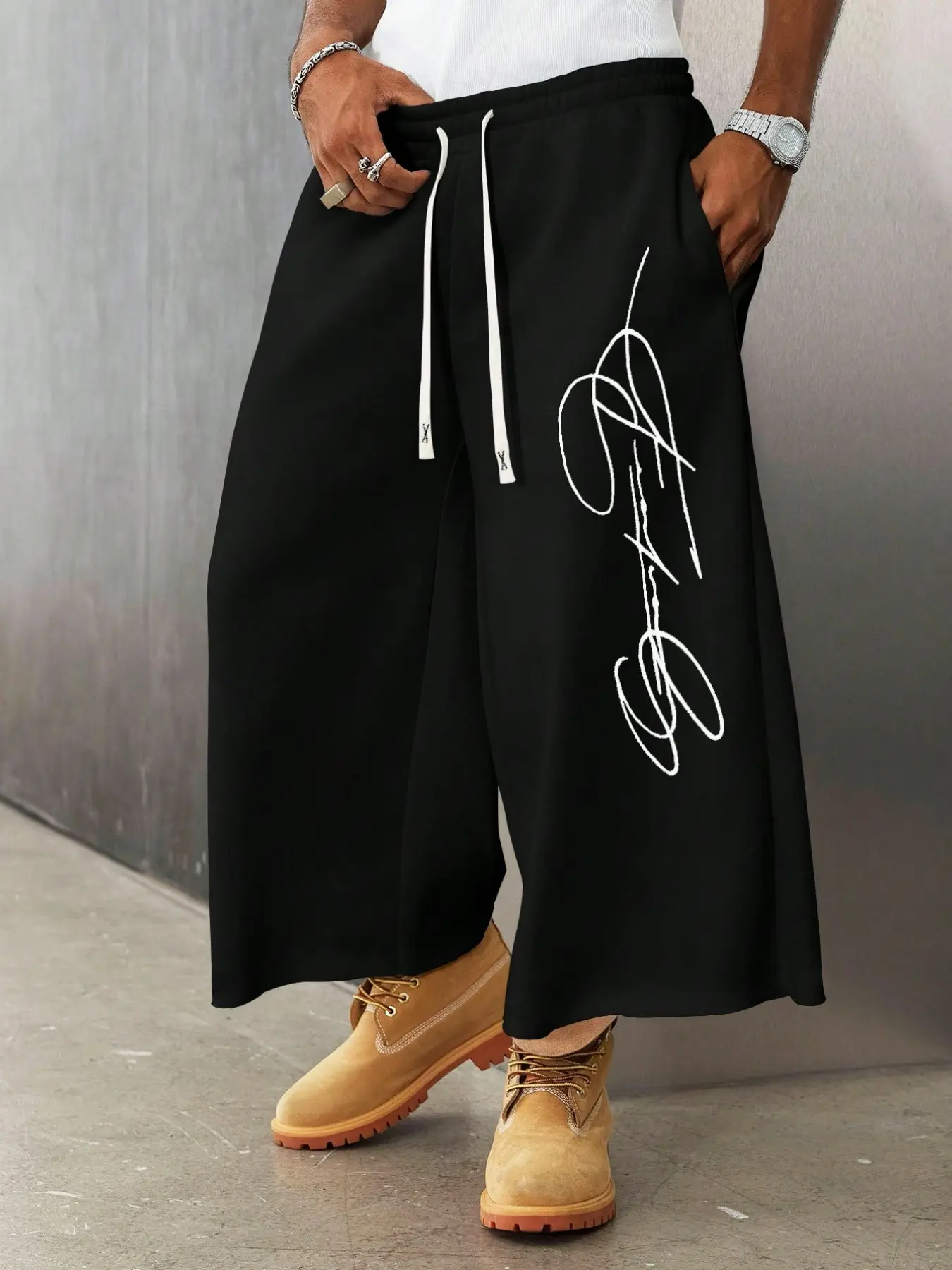 Men's Sweatpants Y2K Cursive Letter Graphic Printed Drawstring Elastic Waist Wide Leg Casual Streetwear Trousers