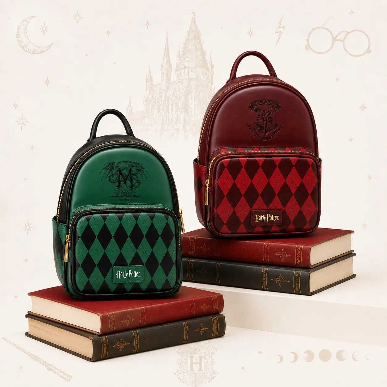 Harry Potter Mini Backpack Purse, Faux Leather Argyle Plaid Design, Front Zip Pocket, Red or Green Color Options, Gold-Tone Zippers, Dark Academia Wizard School Bag for Teens, Women, Travel, Daily Use, Cosplay, Back to School Gift,Clear,Stadium,Stranger