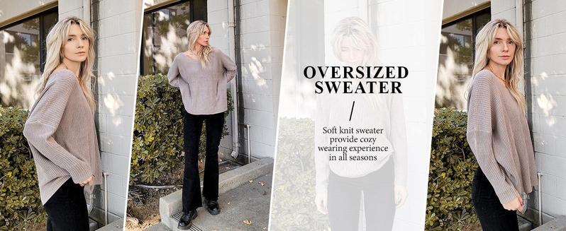 PASLTER Women's V Neck Long Sleeve Knit Loose Oversized Pullover Sweater Top