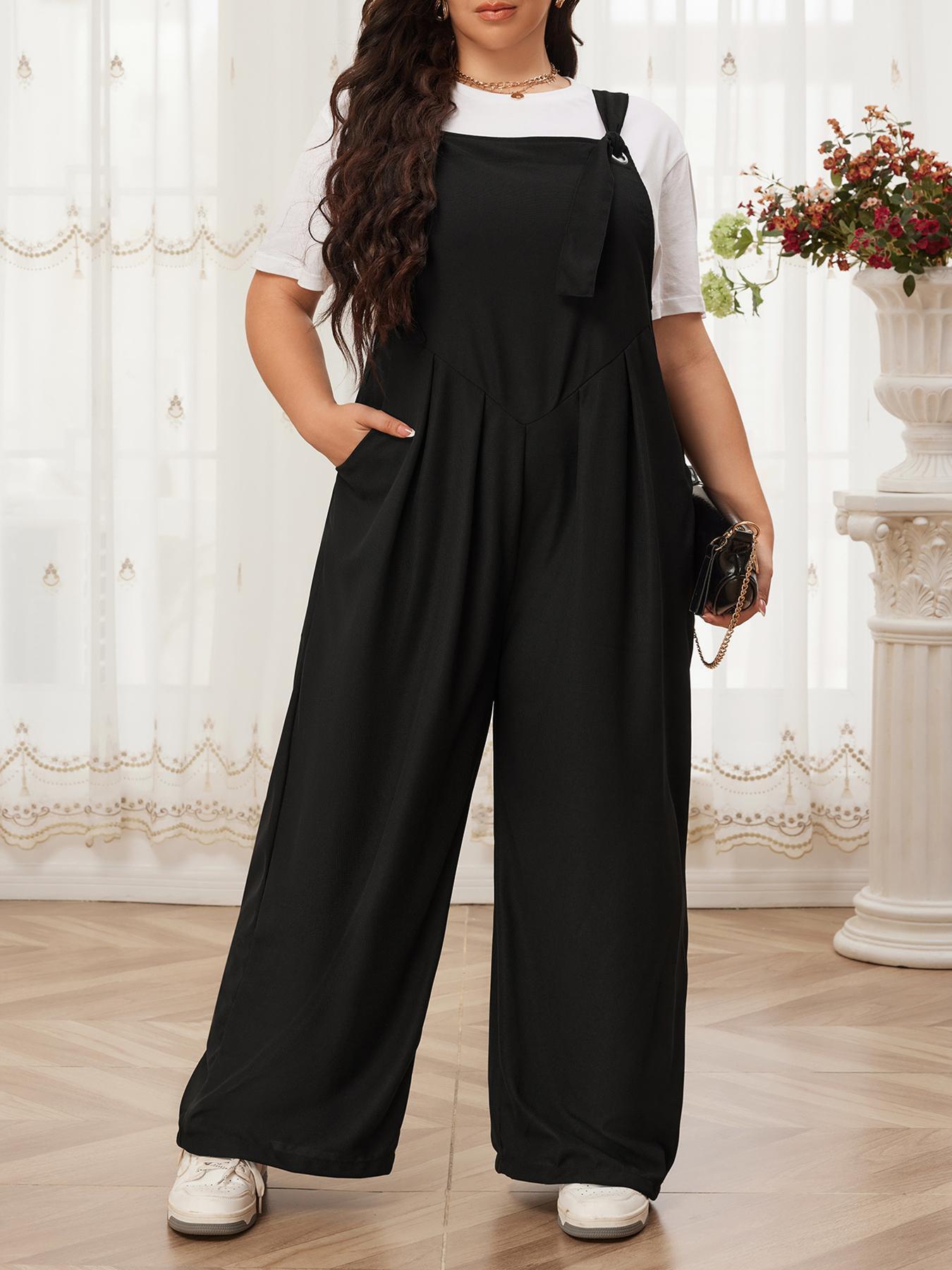 CURVZY Plus Size Solid Pocket Wide Leg Jumpsuit without Tee, Casual Knot Front Sleeveless Overall Jumpsuit for Summer & Fall, Women's Plus Clothing for Daily Wear