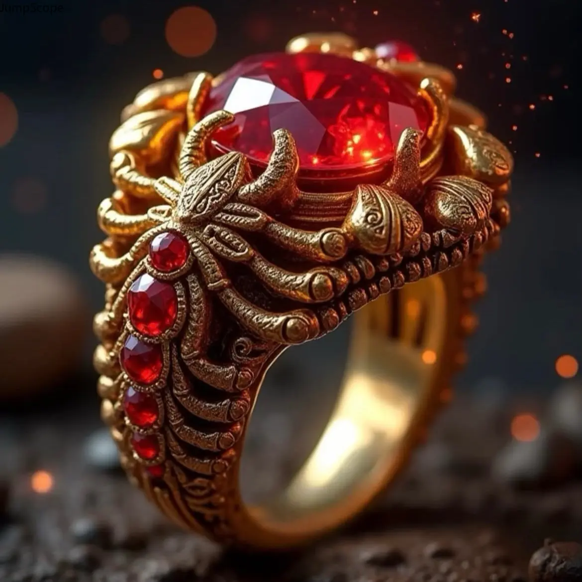 Male Gothic Style Scorpion Motif Ring with Red Ruby Cubic Zirconia, Antique Gold-Plated Wide Band, MDF+Steel Biker Statement Jewelry for Unique Gifting