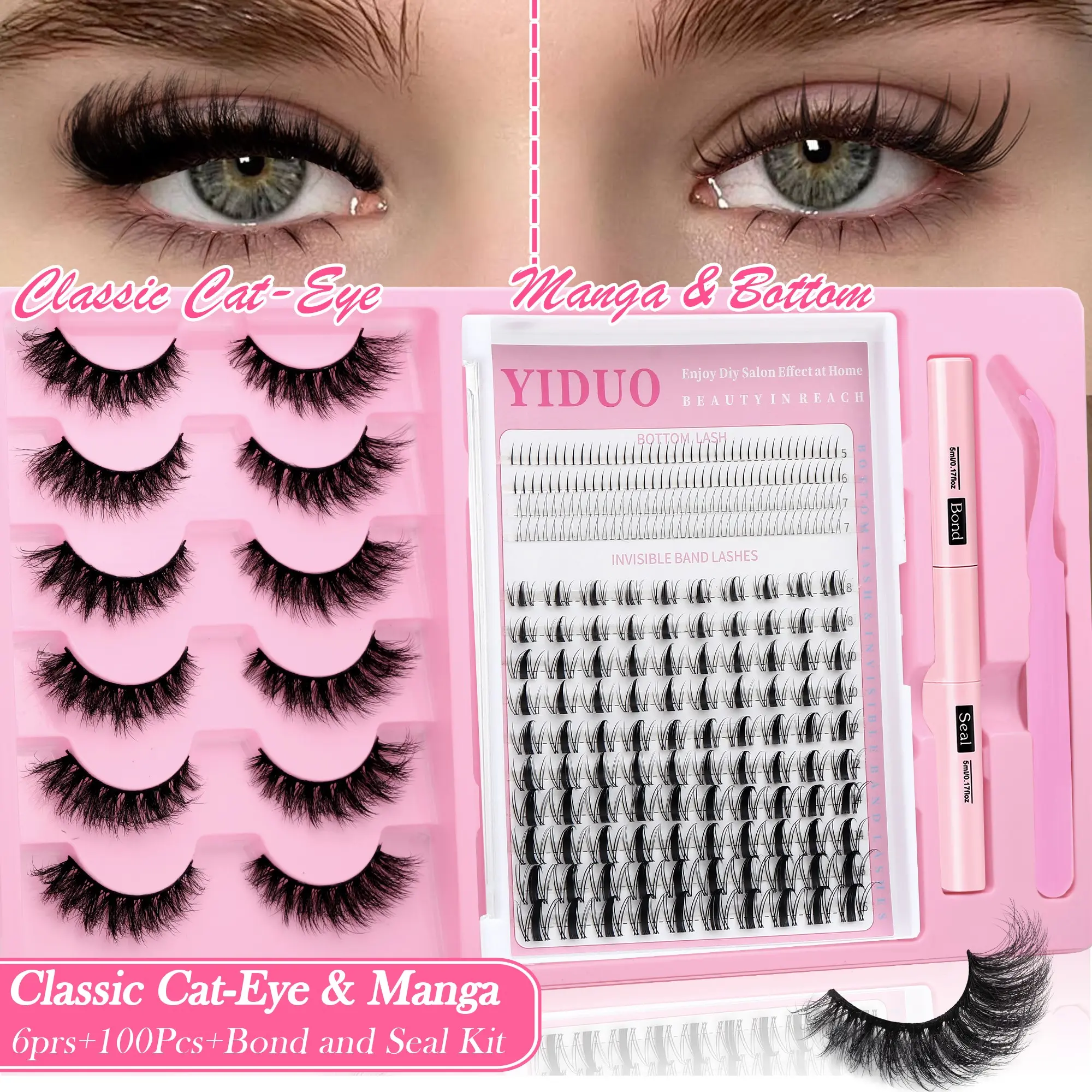 YIDUO Complete DIY Manga Lash Kit – 6 Pairs Volume Clusters, Manga, Bottom Lash,With Bond & Seal, Tweezer. Invisible ultra‑thin band, waterproof. Create voluminous, wispy, or dramatic styles at home – salon effect.