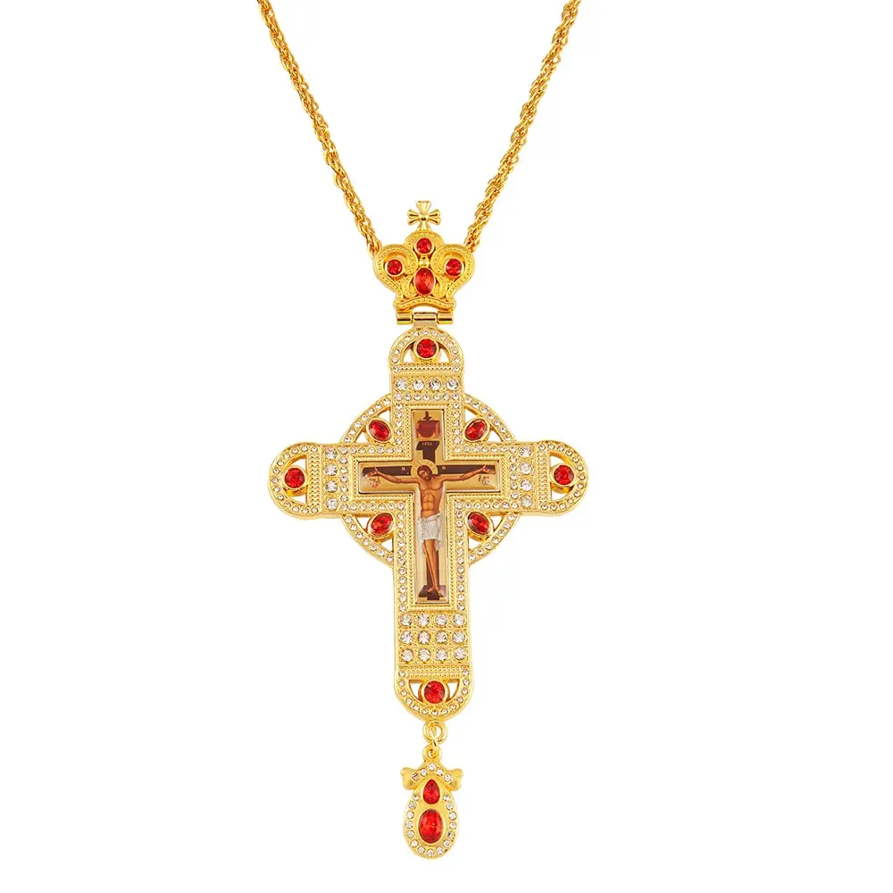 Russian Orthodox Cross Necklace for Priests, Diamond Jesus Pendant, 100cm Chain, Eastern Orthodox Religious Gift