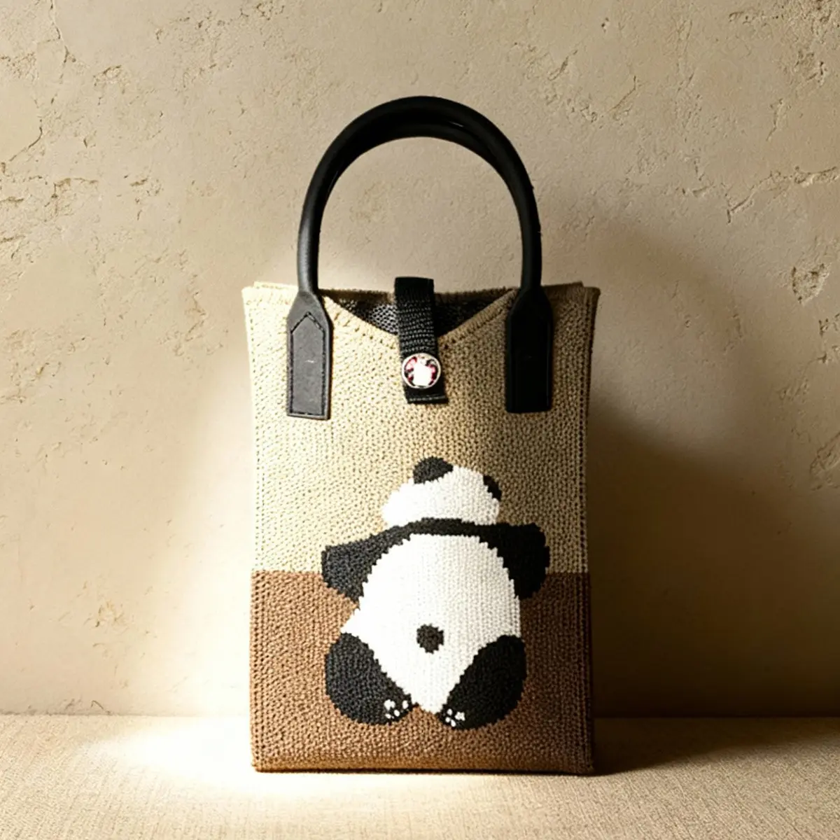 Women's Cute Panda Print Crossbody Bag, Casual Knitted Tote with Double Handle, Machine Washable Animal Shoulder Purse
