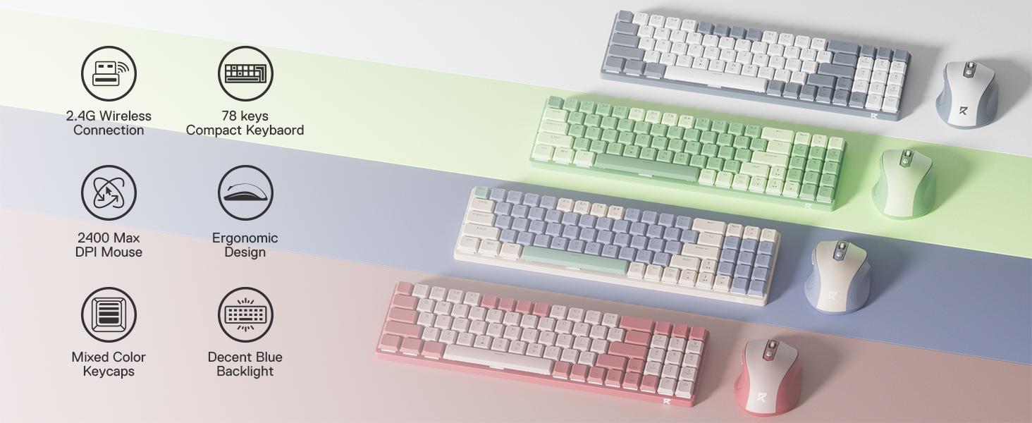 Redragon BS8772 Wireless Ergonomic Keyboard & Mouse Combo 75% 78 Keys 2.4Ghz Low-Profile Mechanical w/Rechargeable Battery 2400 DPI Blue Backlight