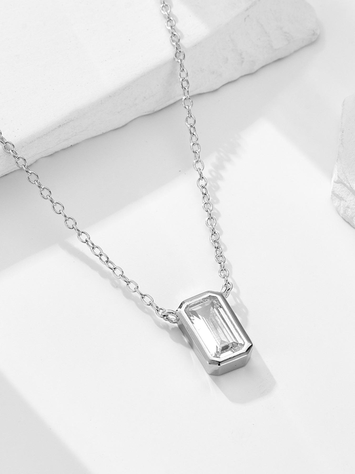 S925 Sterling Silver Rectangle Shaped Artificial Zircon Pendant Necklace, Fashion Jewelry for Party, Daily Clothing Decor, Trendy All-match & Exquisite Jewelry for Gift