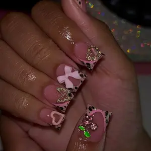 Pink Leopard Press On Fake Nails - Trendy Square French Tip, 3D Bow Heart Butterfly Cherry Charms, Sparkling Gold Glitter Glam Design, Reusable Easy-Apply for Party, Date Night & Everyday Manicure summerwins