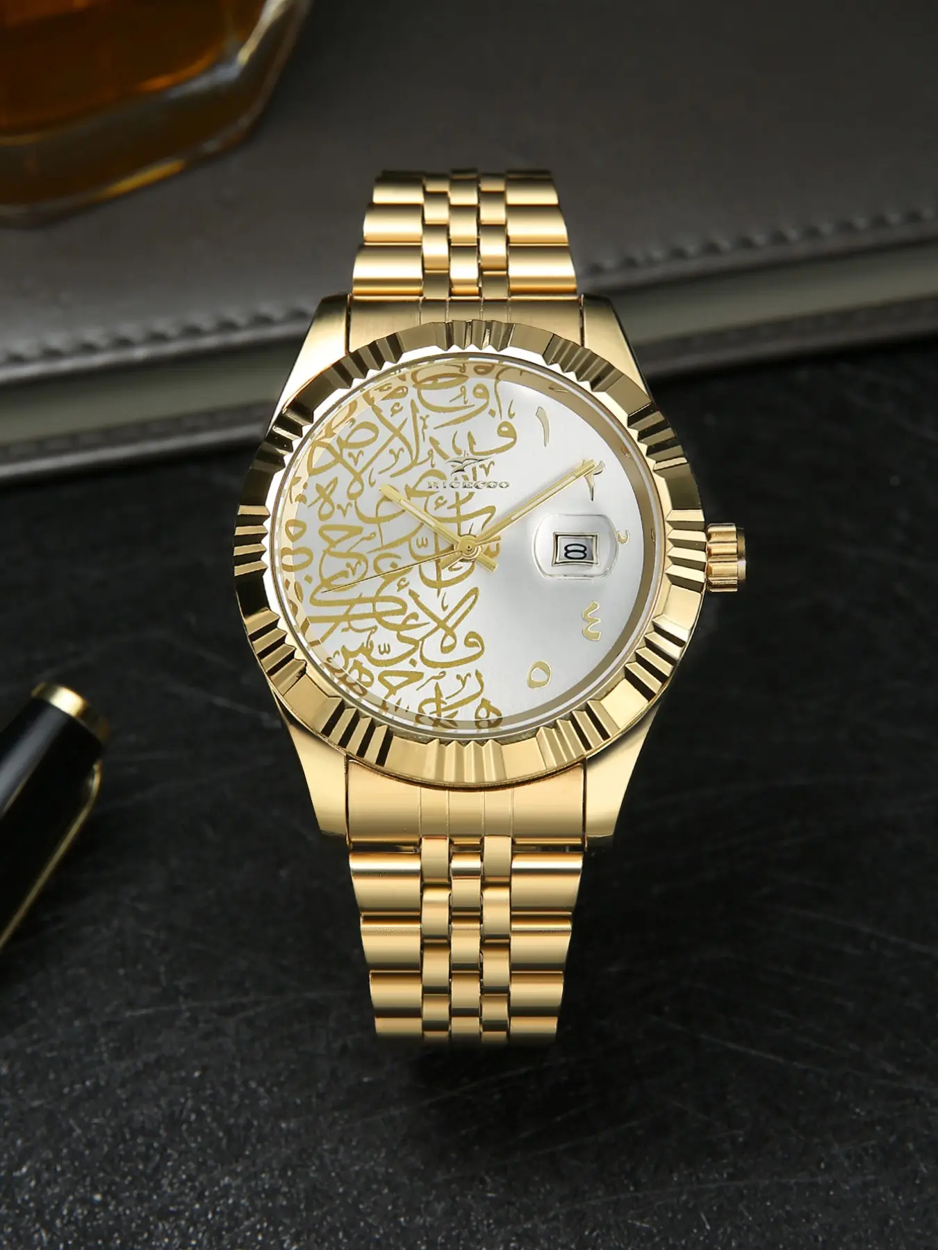 RICECGO: A men's business quartz watch with a touch of luxury, featuring an Arabic calligraphy dial. This exotic-style men's watch is the perfect choice for daily commuting or as a gift—ideal for Father's Day or the New Year.