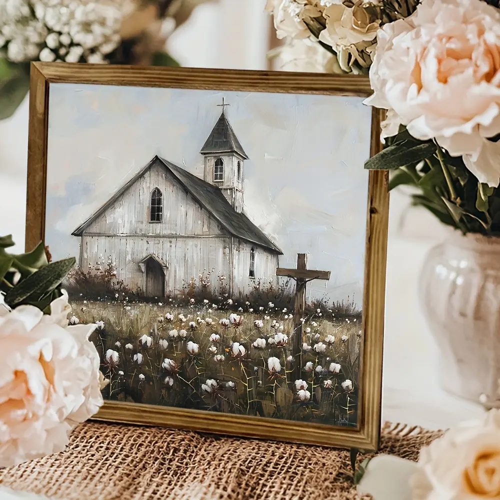 Vintage Elegance | Countryside Church And Field Wall Art - 8X8 Inch Wood Framed Print, Vintage Religious Home Decor for Kitchens, Bathrooms, Cafes, Farmhouses | Versatile Hanging Or Tray Display, Vintage Home Decor, Decorative Signs And Plaques
