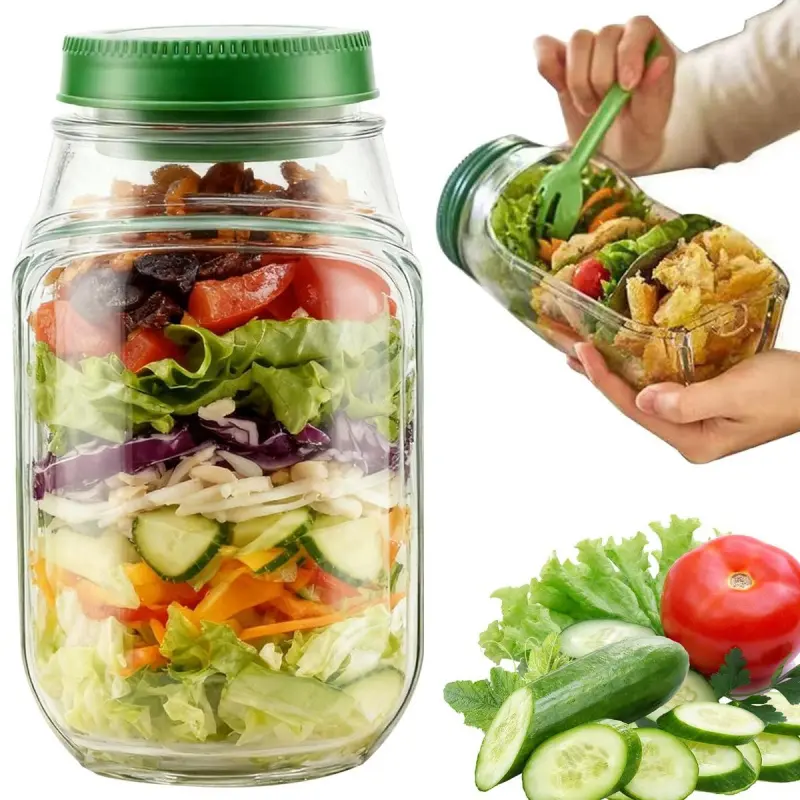 SALAD Jar - Salad Pod Mason Jar Side Open, Salad Jar with Side Opening for Lunch, Portable Salads Dressing Container with Lid, Preserving Containers for Travel Leakproof Dressing Compartment