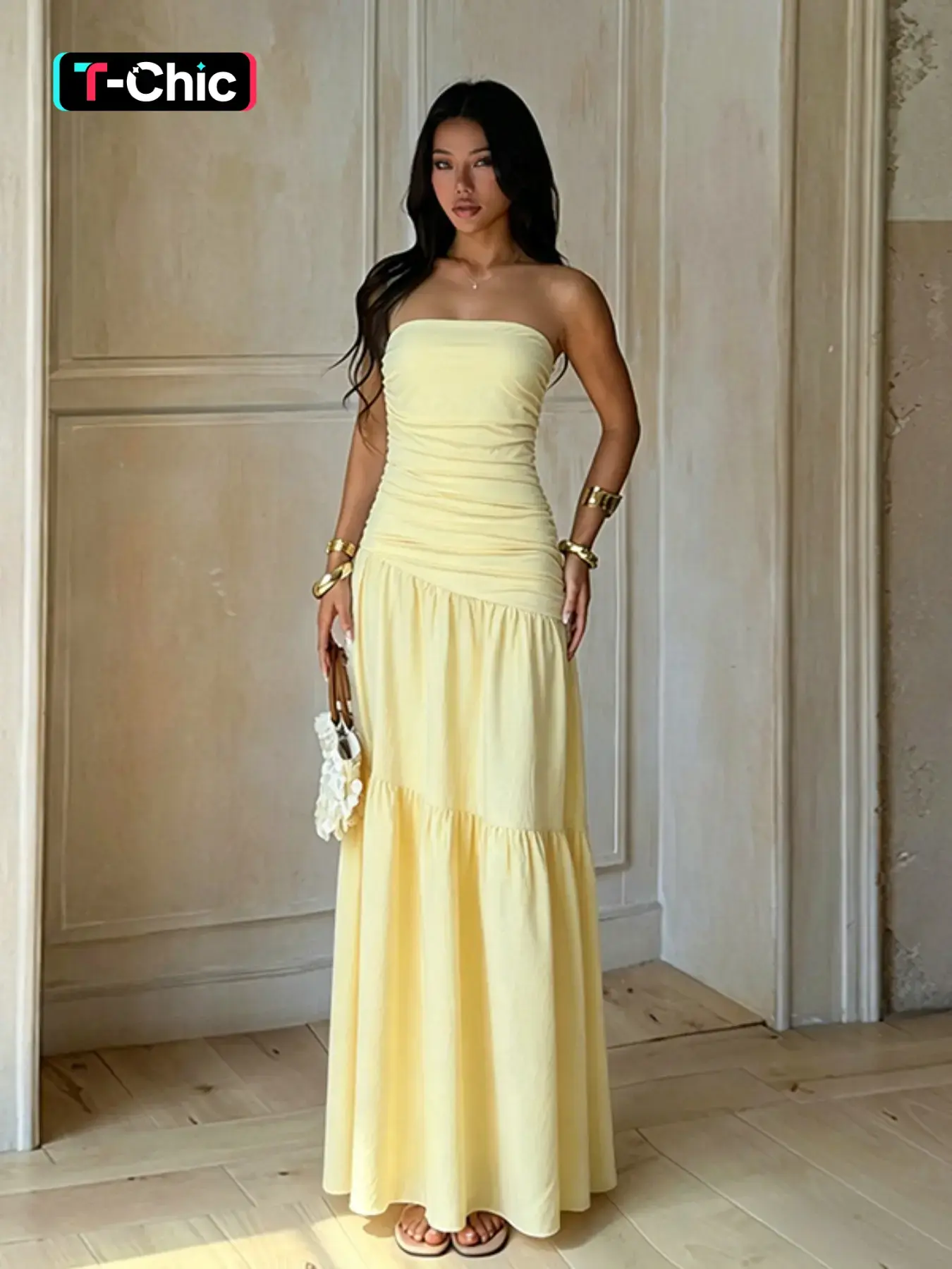 Crop Top A-Line Pleated Long Strapless Dress, Elegant Evening Gown, Perfect for Special Occasions, Stylish and Comfortable Design