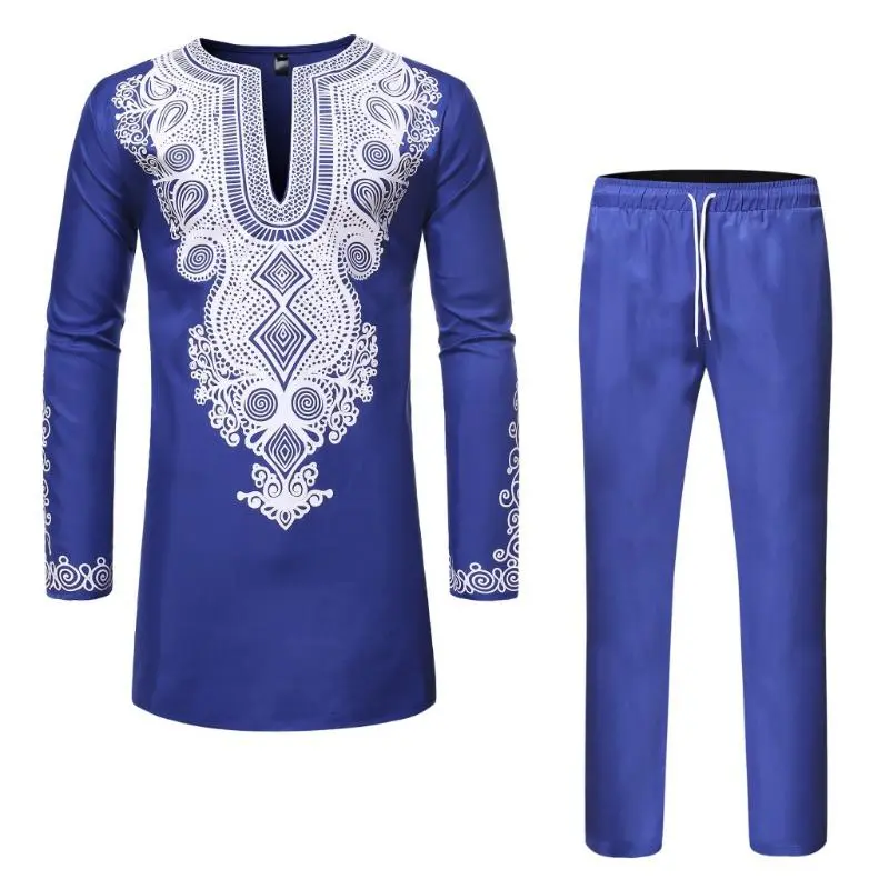 African Men's Dashiki Shirt Pants Set Metallic Print Tops Long Sleeves Tunic Blouse V Neck Matching Traditional Clothing Trouser