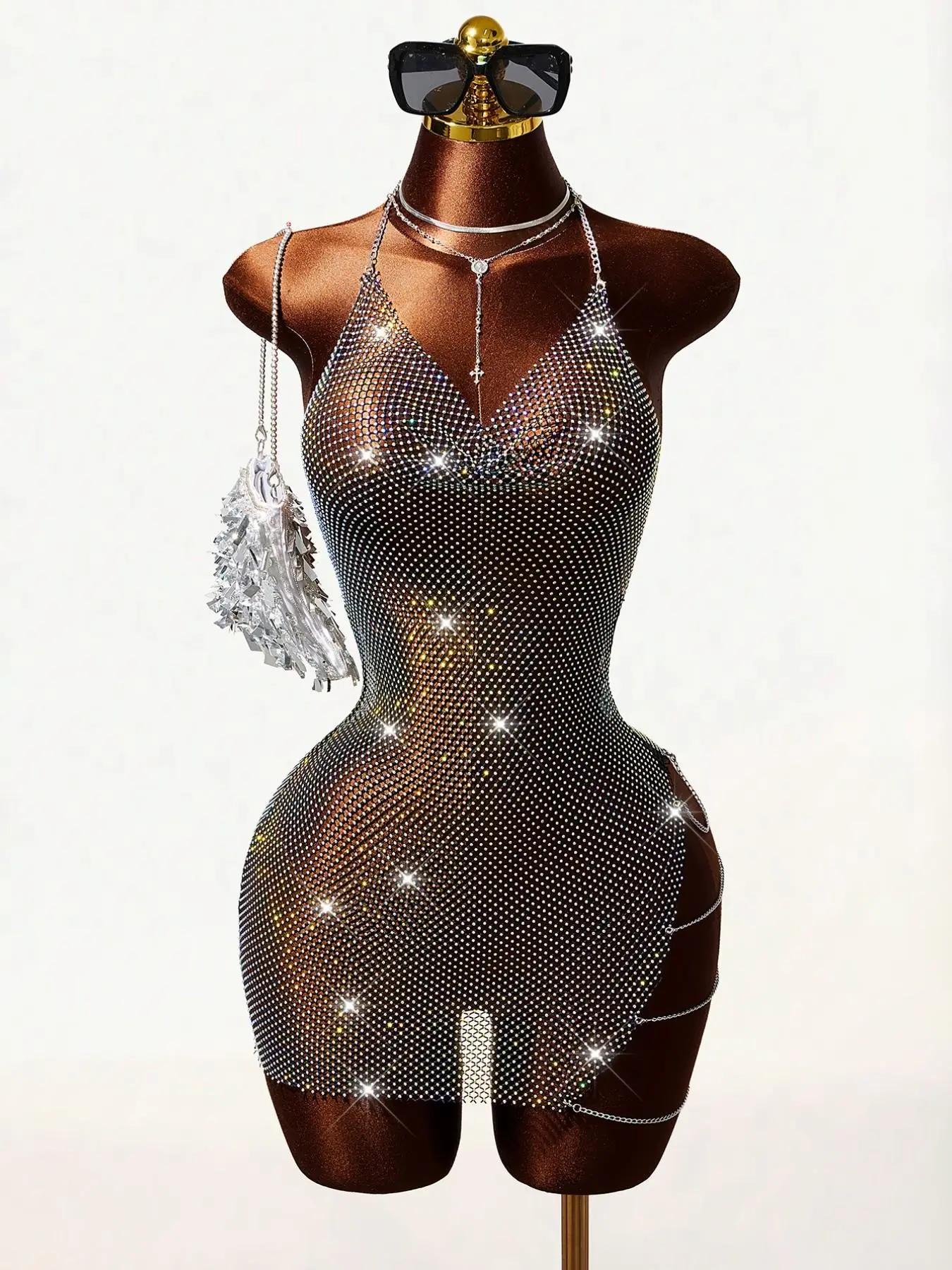 Sparkly Rhinestone Mesh Mini Fashion Dress, Halter Neck Sheer Fishnet Bodycon Dress, Elegant Chic Short Sleeve Slim-Fit Dress for Nightclub Parties