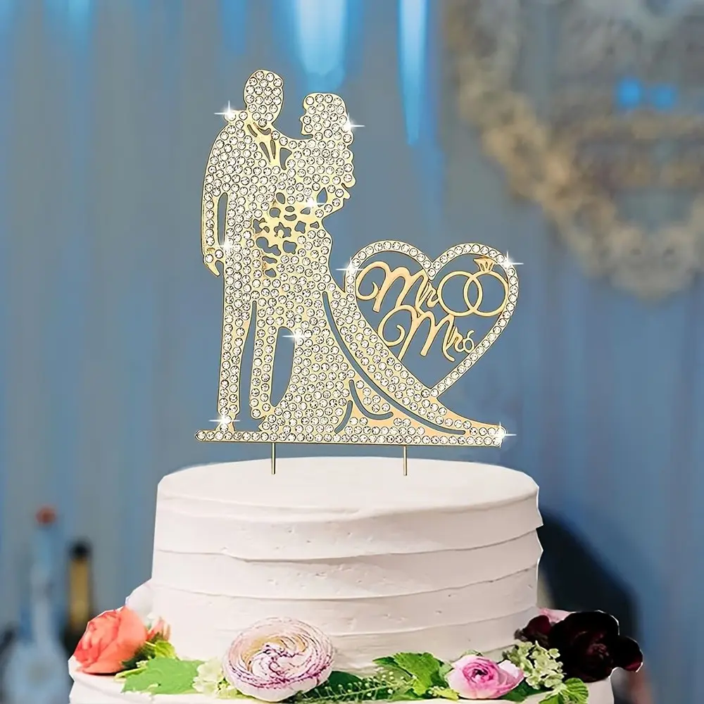 1pc, Crystal Wedding Cake Topper, Bride And Groom Simulated Crystal Decoration For Wedding Ceremony Anniversary Party (Golden)