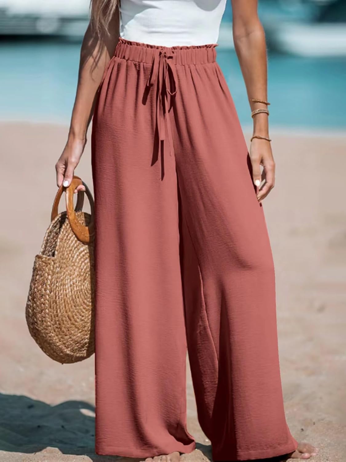 Womens Wide Leg Pants High Waisted Trousers Linen Palazzo Loose Fit Lounge Beach Flowy Pants