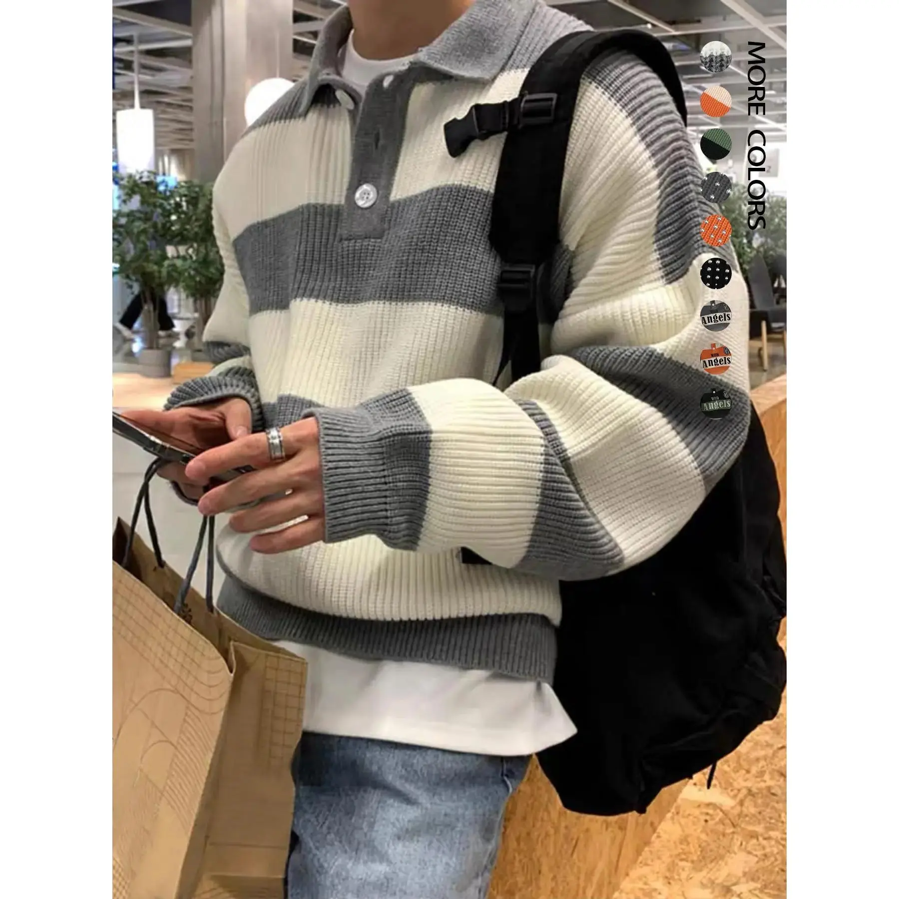 Men's Patchwork Print Long Sleeve Half-Button Knitted Polo Sweater Pullover, Loose Casual Chic Knitwear Drop Shoulder Collared Jumper for Fall & Winter, Men's Knitwear for Daily Wear