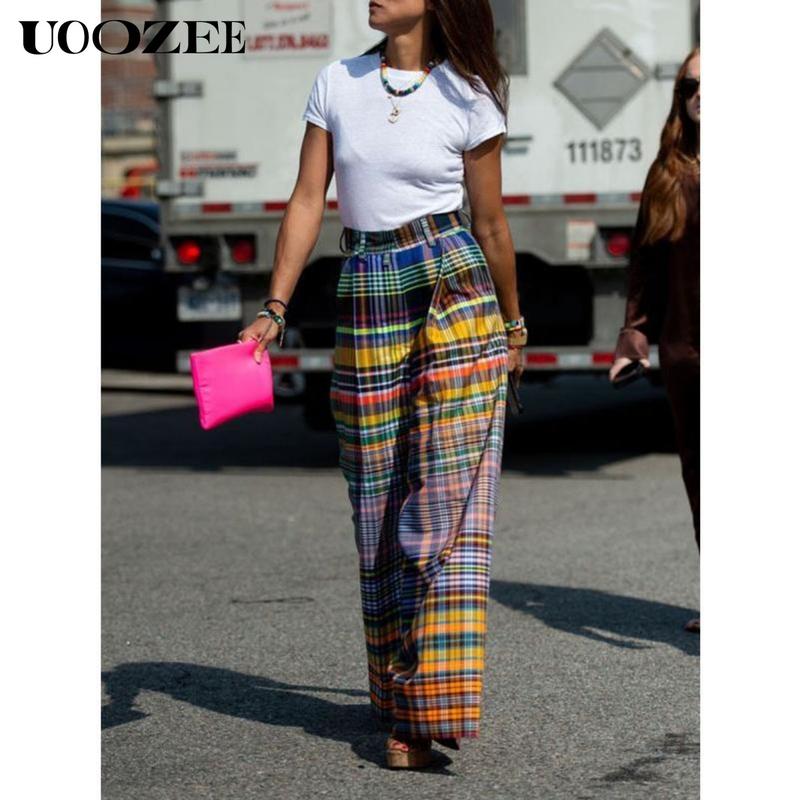 UOOZEE- LIVE Women's Loose Wide Leg Checkerboard Printed Casual Pants Bottoms Pants Baggy Womenswear