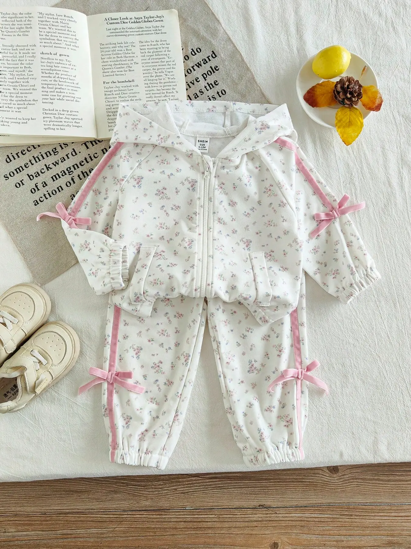 Girls Floral Hooded Set, Side Bow Tie Top + Drawstring Sweatpants, Korean Style Fashion, Baby Girl Trendy Clothing
