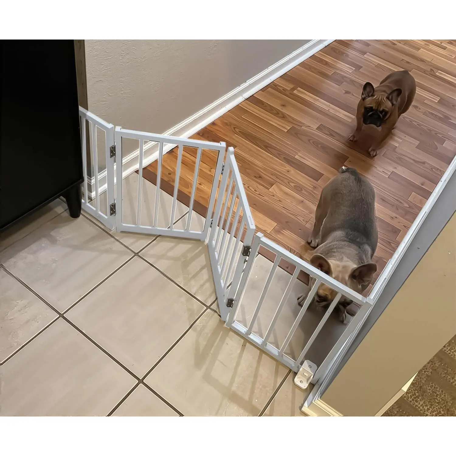 Foldable Free Standing Dog Gate - 16.5" High Metal Frame Short Pet Gate, Up to 48" Wide, Blocks Access, Easy Setup, No Drilling/Assembly, Indoor Use, for Small Dogs, White, Single Gate