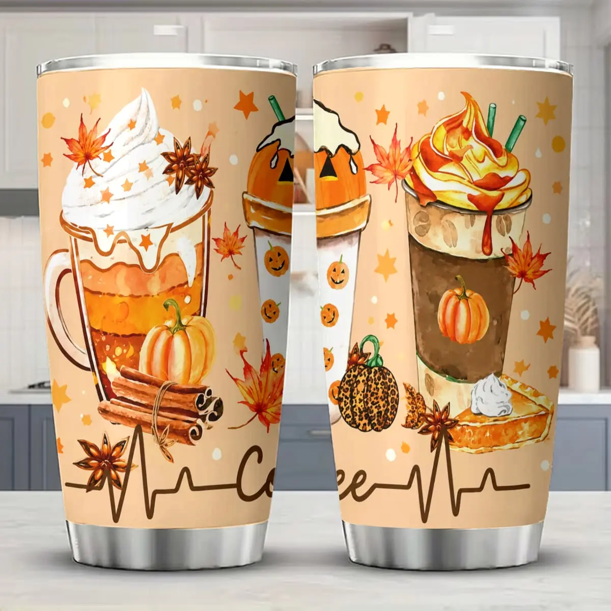 20oz Cylindrical Stainless Steel Tumbler - Fall Pumpkin Spice Coffee Design, Leak-proof, BPA-Free, Modern Vacuum Flask, 500-1000ml Capacity, Lid Included, Hot/Cold Retention, Ideal Office Gift for Friends, Family (Halloween, Thanksgiving)