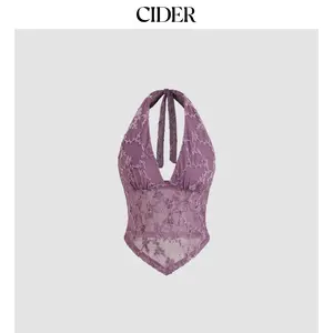 Cider V-neck Halter Knotted Floral Mesh Tank Top SummerWins Dealsforyou