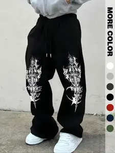 Men's Gothic Print Jogger Pants, Loose Straight Leg, All Season Casual Sports Pants, Drawstring Waist, Rolled Hem, Gym & Leisure Wear