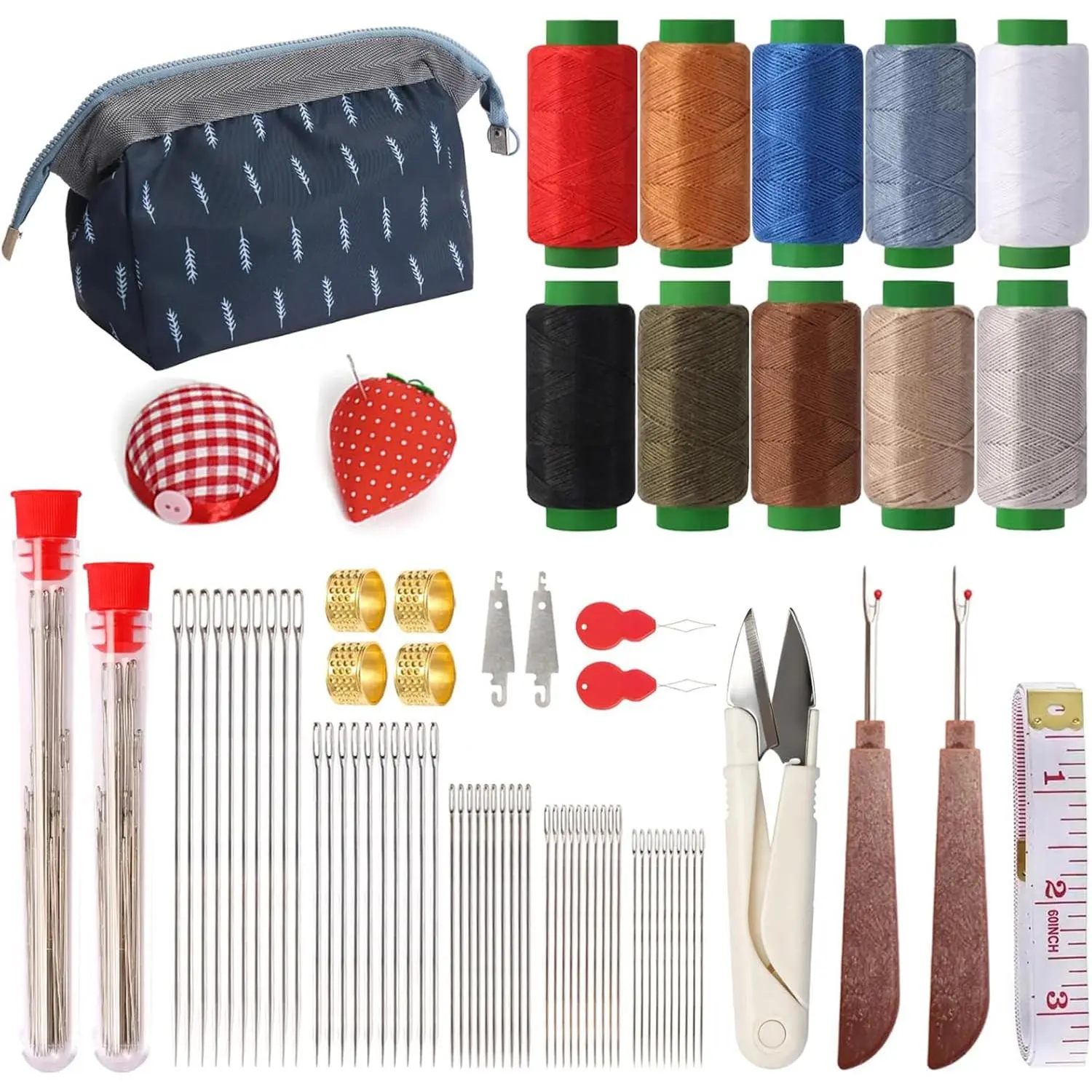 75 count Sewing Tool Set, 3000 Yard | Big eye steel , 10 thread rolls, strawberry pin cushion, denim hand repair for beginner portable travel craft