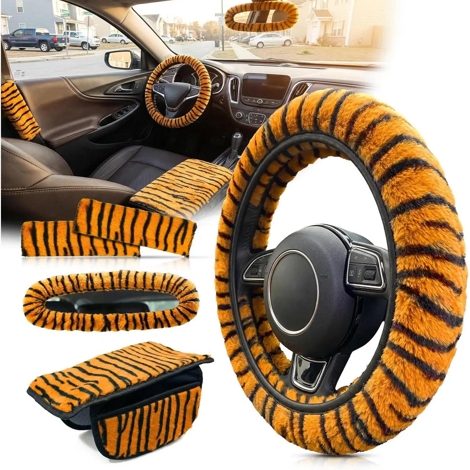Women's Synthetic 5-Count Fuzzy Animal Print Car Interior Decor Set - Easy Install Plush Texture Steering Wheel Cover, Center Console Armrest Pad, Rearview Mirror Cover