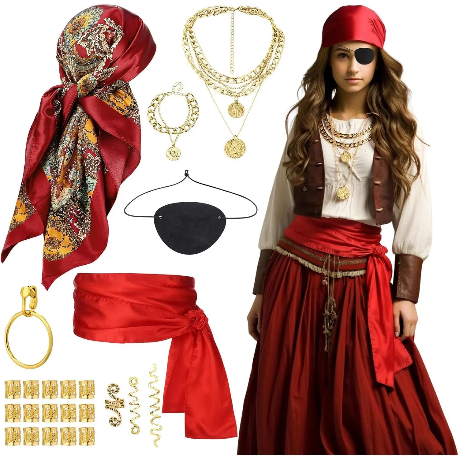 24 count Pirate Costume Accessories Set for Women | Pirate Outfit Includes  Scarf, Sash, Necklace, Eye Patch, Earrings, Bracelet & Hair Clips  for Halloween