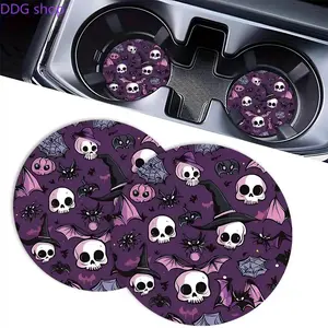 2pc Purple Gothic Halloween Car Cup Holder Coasters, Cute Bat Skull Witch Hat Car Coasters, Absorbent Rubber Anti-Slip Auto Cup Mat, Trendy Goth Car Decor Girl Gift