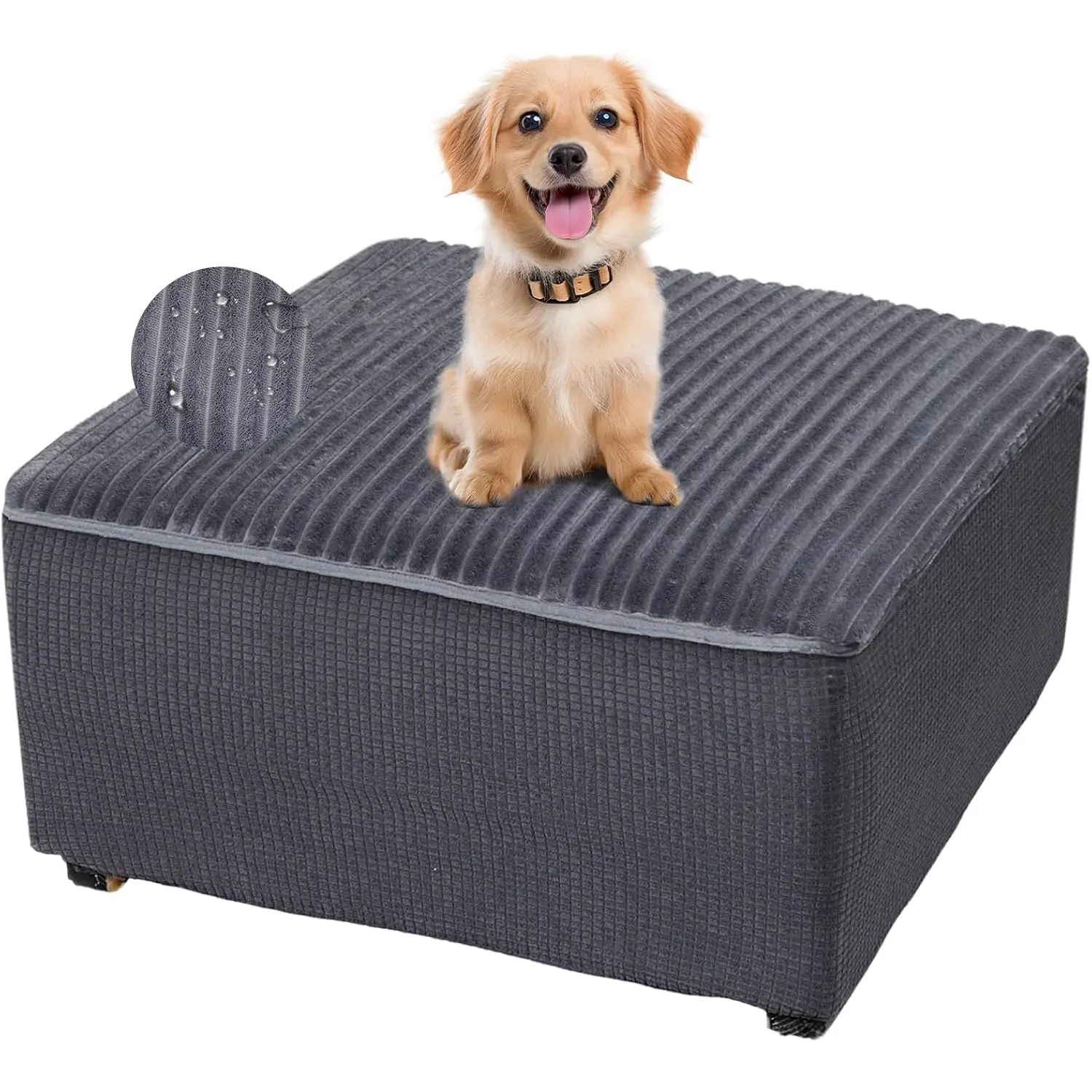 FUANGUI Ottoman Cover Square, Waterproof Thick Slipcover for Living Room, Washable Storage Footstool Furniture Protector for Dogs, Pets,with Nonslip Elastic Bottom, Dark Grey, XX-Large