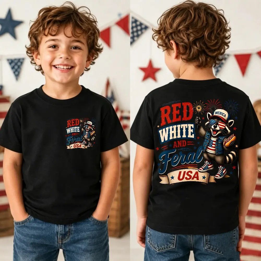 Red White and Feral T-Shirt, 4th of July Shirt for Boys And Girls, Independence Day Youth Gift, Patriotic Raccoon Tee
