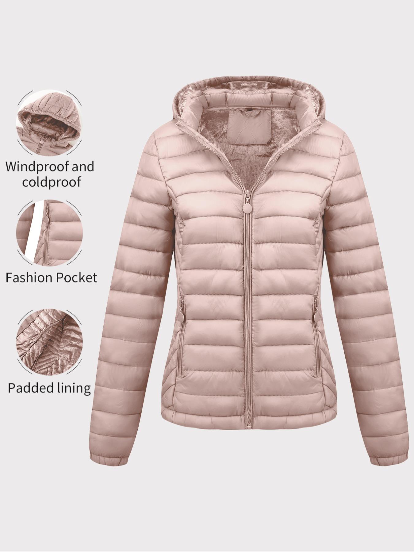 Women's Winter Cotton Jacket, Casual Fitted Hooded Coat with Pockets and Zipper, Warm Lightweight Commuter Outerwear for Fall & Winter