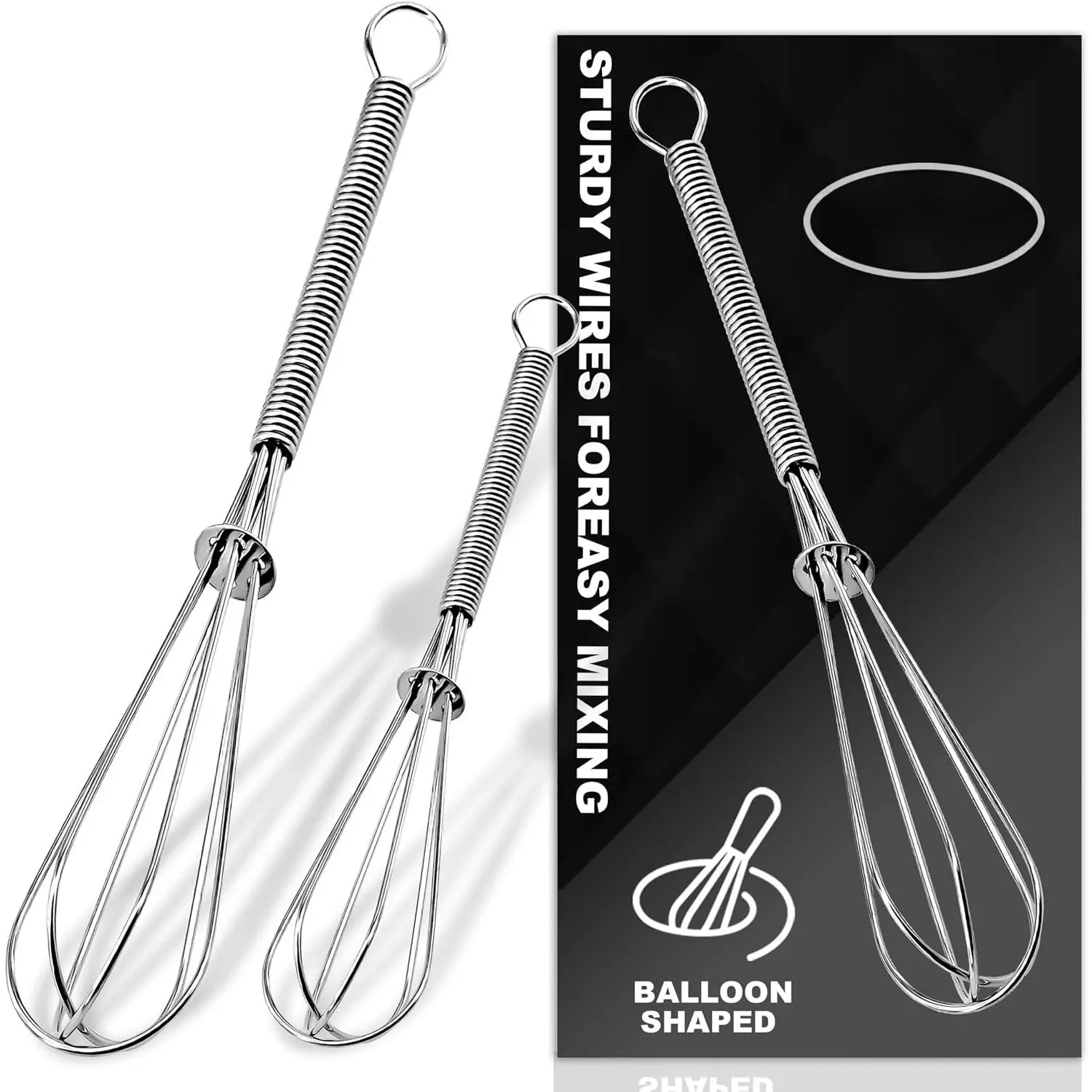 Small Wire Whisk Set of 2, Portable Stainless Steel Kitchen  Whisk & Egg Beater with Thick Wire - Sturdy Mini Mixing Balloon for Cooking, Blending, Whiping, Beating and Stirring (6" + 8")