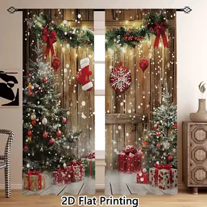 2-Piece Christmas Theme Curtains, 2D Print, Santa Claus & Fireplace Design, Living Room & Bedroom Decor, Rod Pocket Style