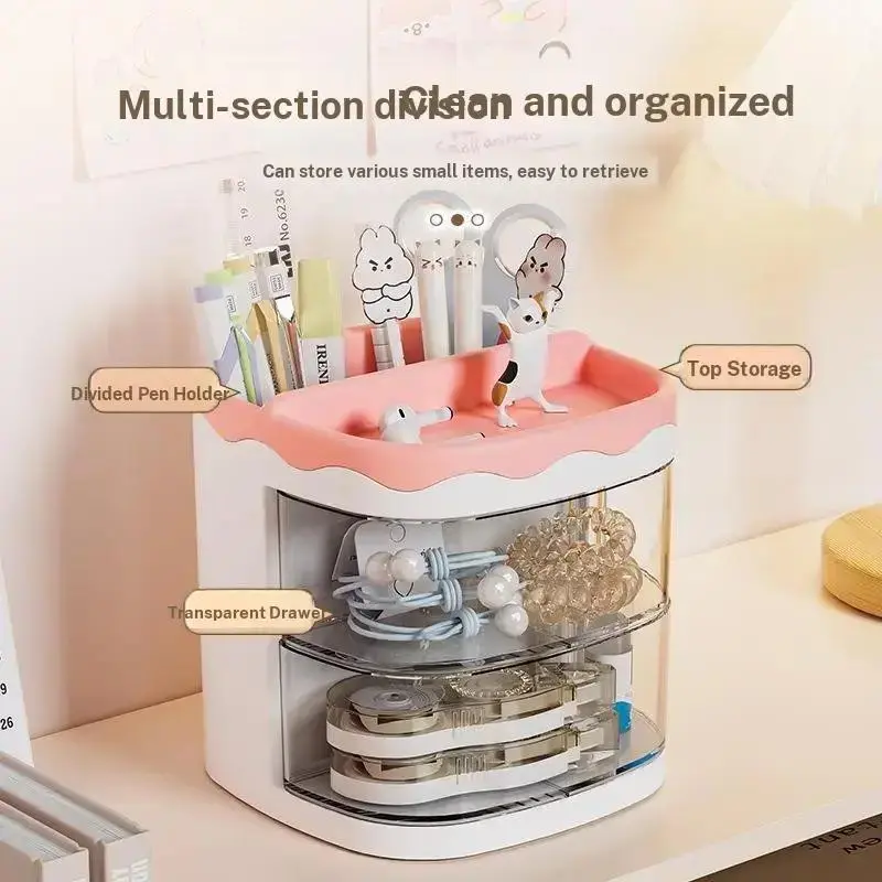 3-Tier Rotatable Pen Holder, Pencil Organizer, Desktop Organizer, Fun Desk Accessories for Office, School & Makeup, Cute Cartoon Storage Box