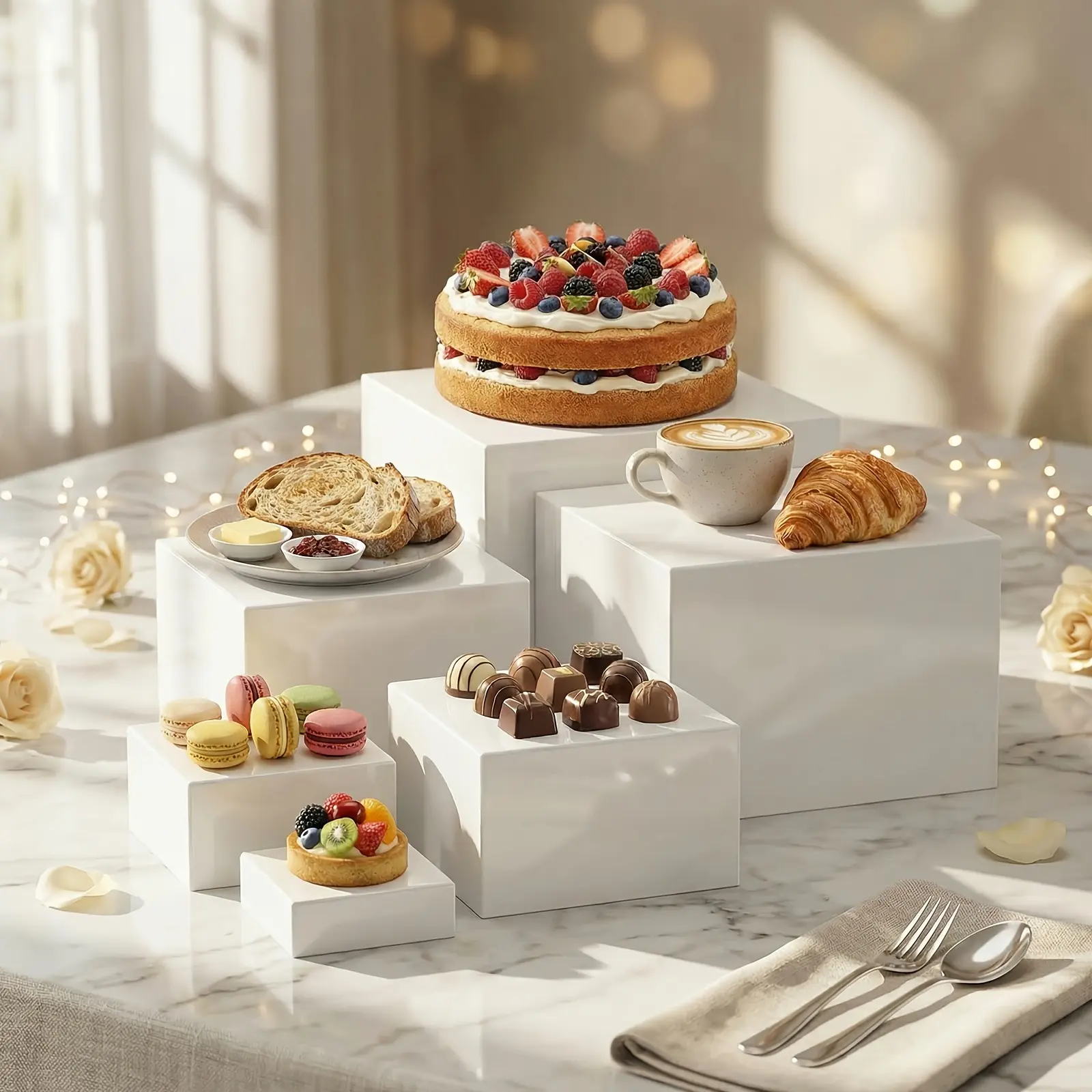 6pcs Nesting Buffet Risers for Cupboards - Space-Saving Stackable Design, Hollow Bottom Construction, Tiered Height (1in-8in) - Multi-Level Display Stands for Weddings, Retail
