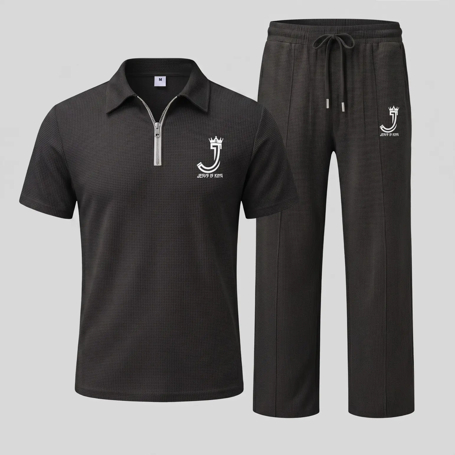 Men’s Jesus Graphic Waffle Knit Polo Shirt and Pants Set, Short Sleeve Zip Collar Polo Top with Drawstring Trousers, Casual Two Piece Outfit, Lightweight Breathable Streetwear Matching Set for Daily Wear, Travel and Summer Fashion